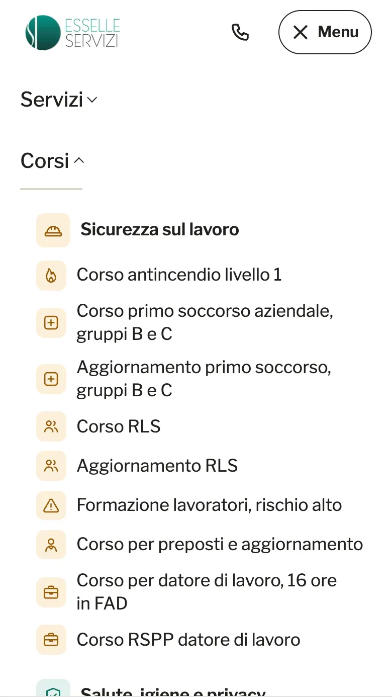 Il menu dei corsi di Esselle Servizi da telefono