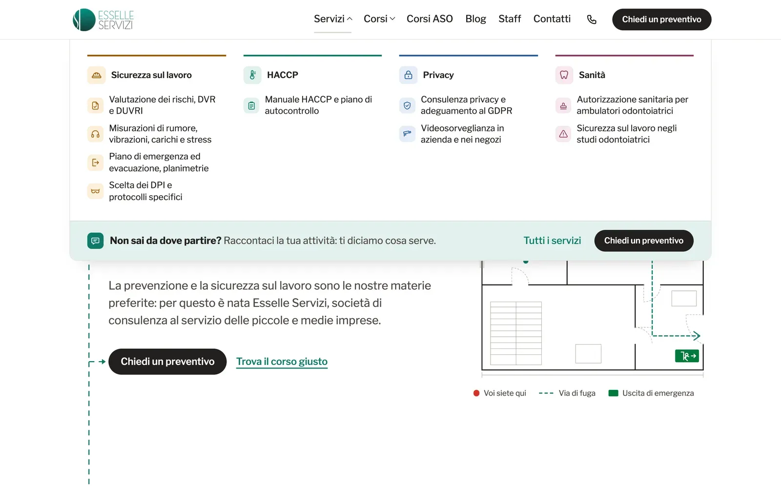 Il pannello Servizi del menu di Esselle Servizi, diviso per ambito