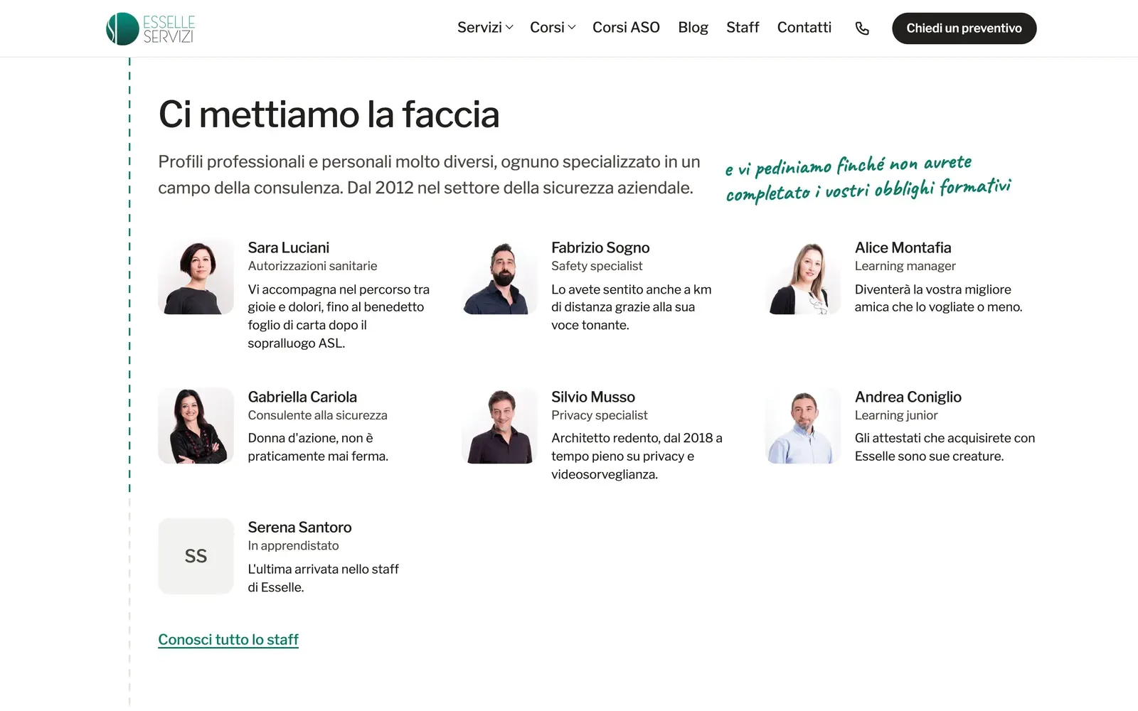 Lo staff di Esselle Servizi in home, con le foto vere e una nota scritta a mano