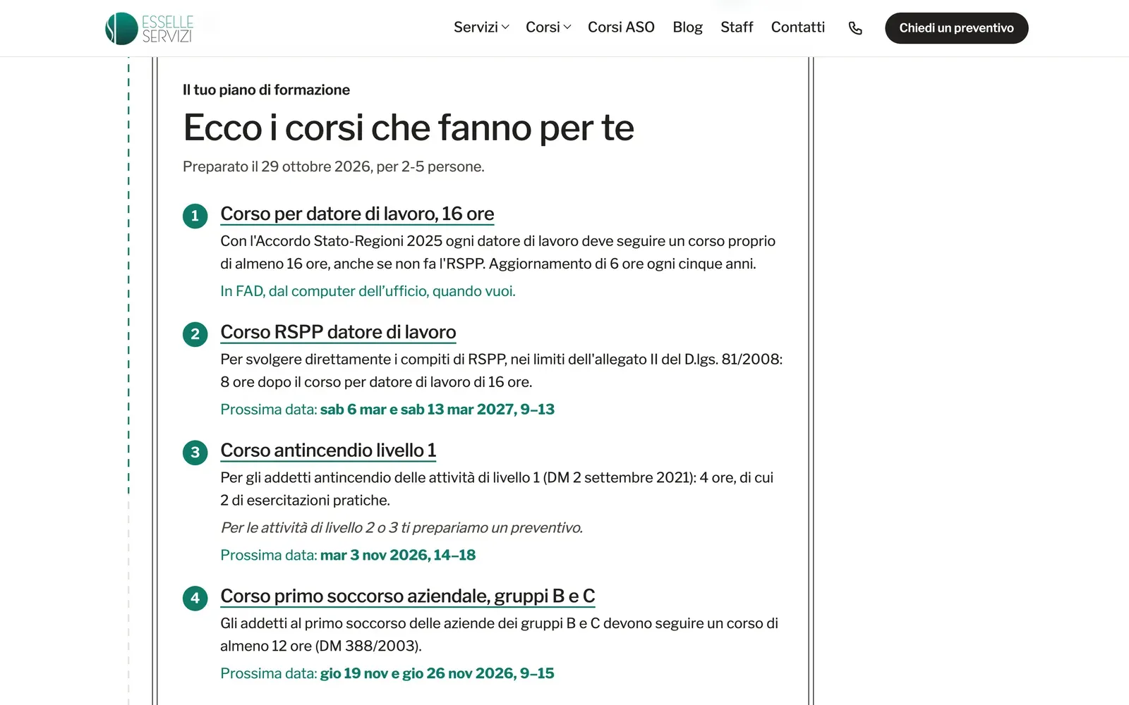 Il piano di formazione di Trova il corso, con i corsi consigliati, il perché e la prossima data