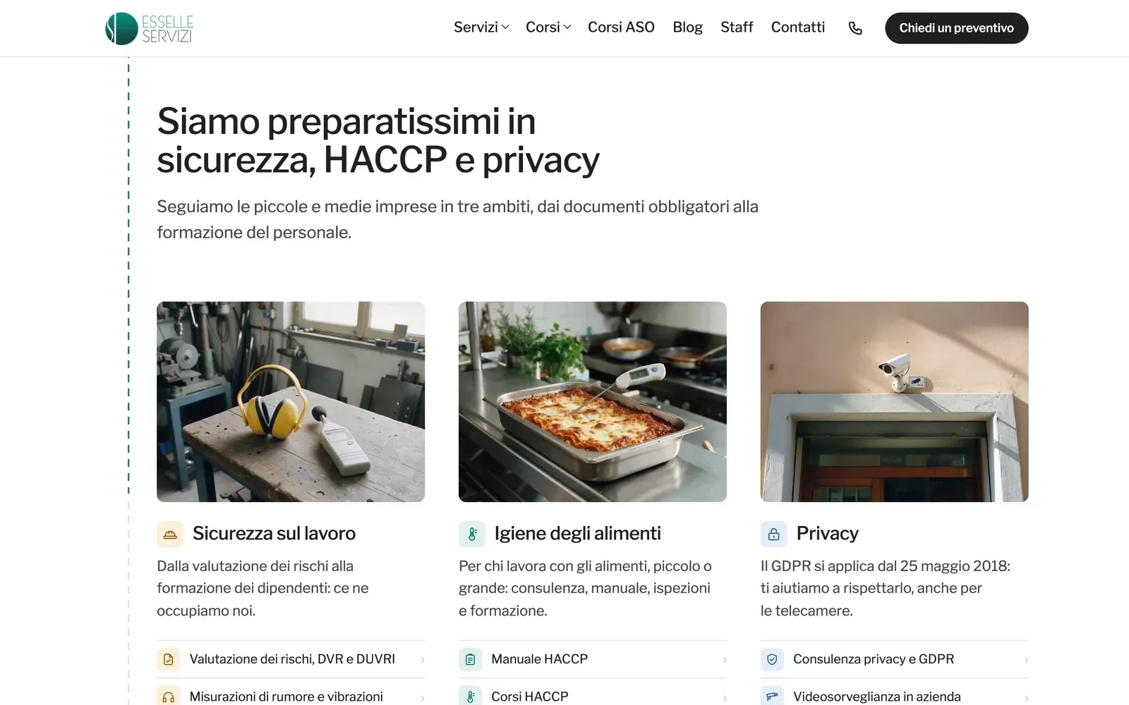 I tre ambiti di Esselle Servizi in home: sicurezza sul lavoro, igiene degli alimenti e privacy, ognuno con il suo colore