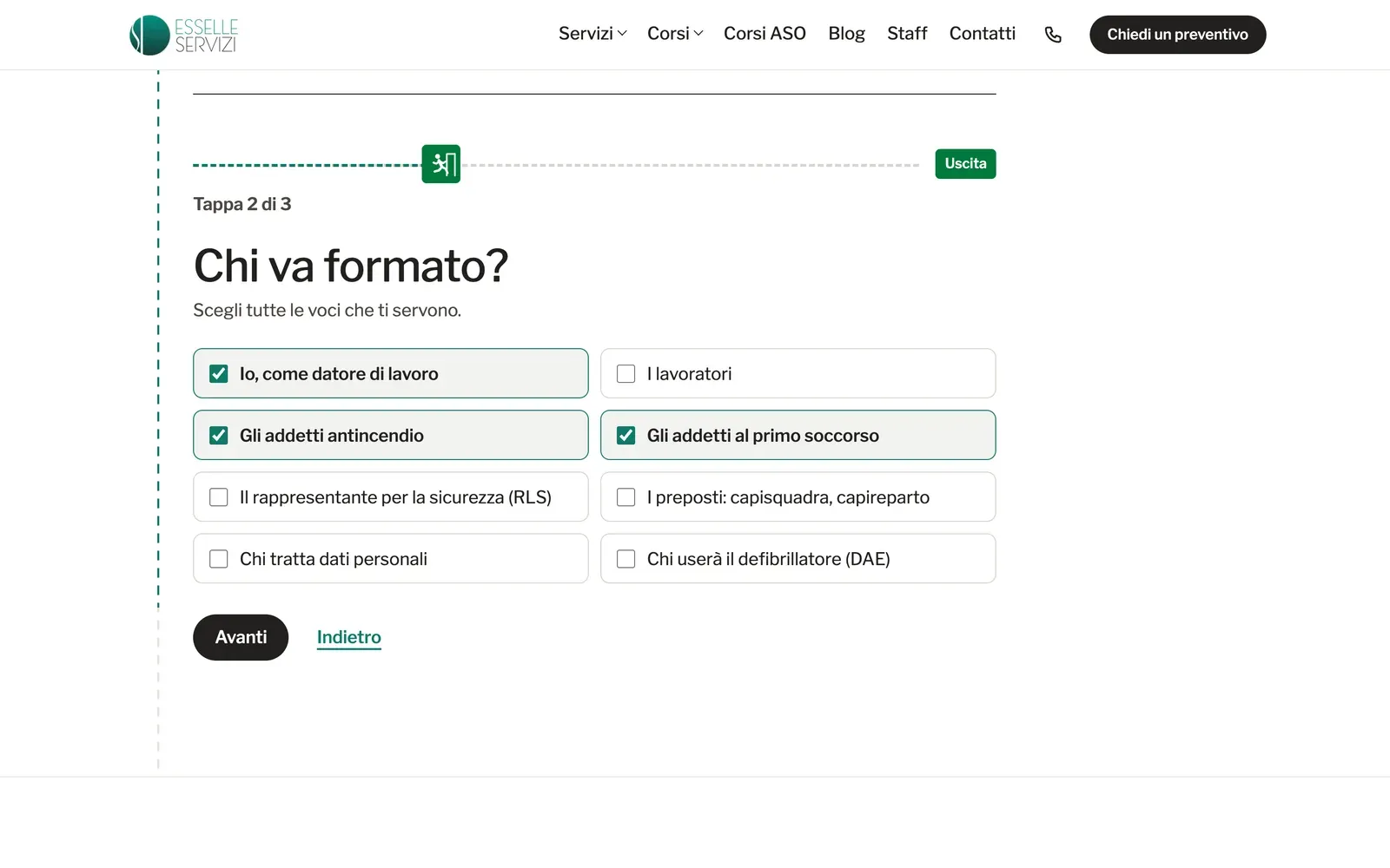 Trova il corso sul sito di Esselle Servizi: la tappa «Chi va formato?» con l'omino sulla via di fuga