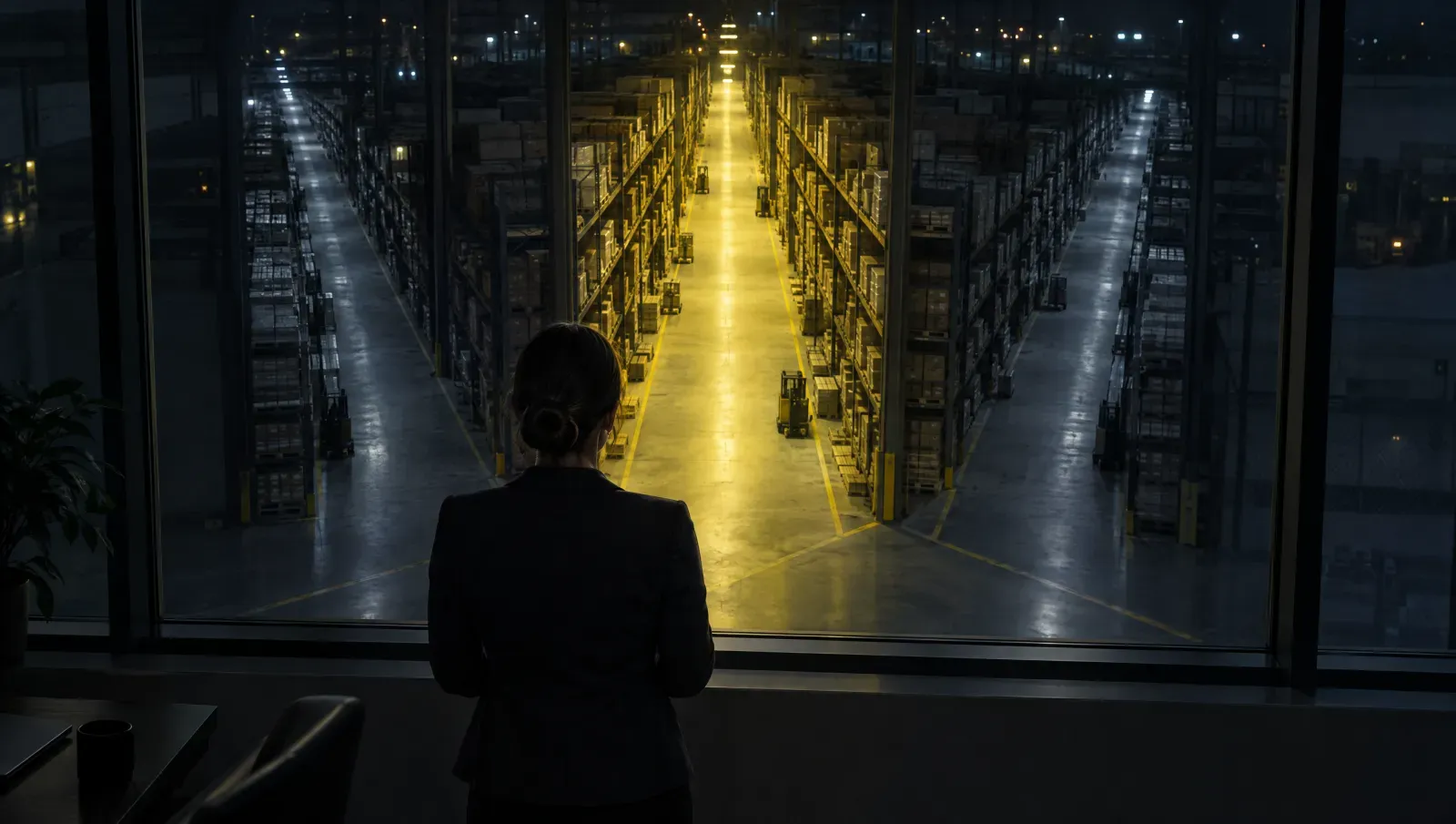 A marketing manager standing in front of a large window in an industrial building looks out over three warehouse aisles running from the same point