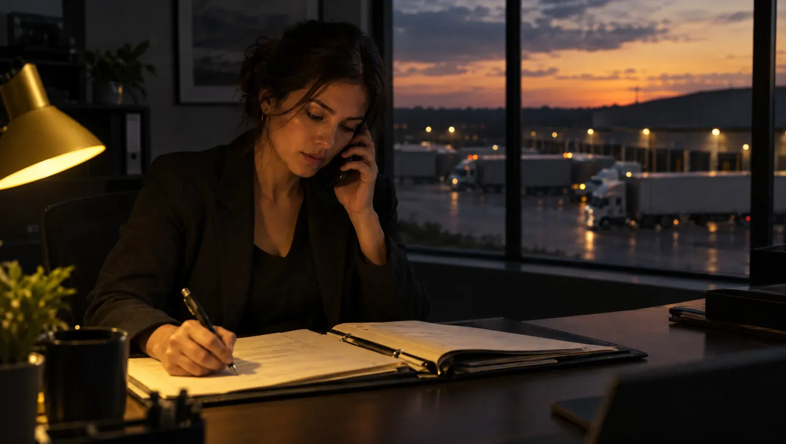 Una commerciale al telefono nel suo ufficio con una cartellina aperta sulla scrivania, mentre dalla finestra si vede la luce del tardo pomeriggio su un piazzale di carico