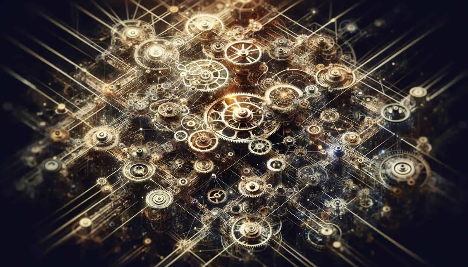 Rete di ingranaggi dorati collegati da linee luminose su sfondo scuro, metafora dei processi di marketing automatizzati dall'AI