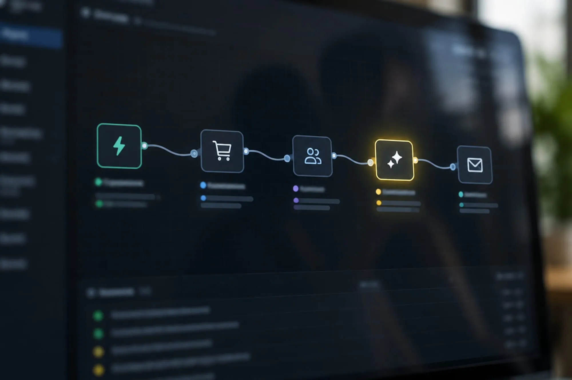 Flusso a nodi che collega shop, CRM, email e un modello AI