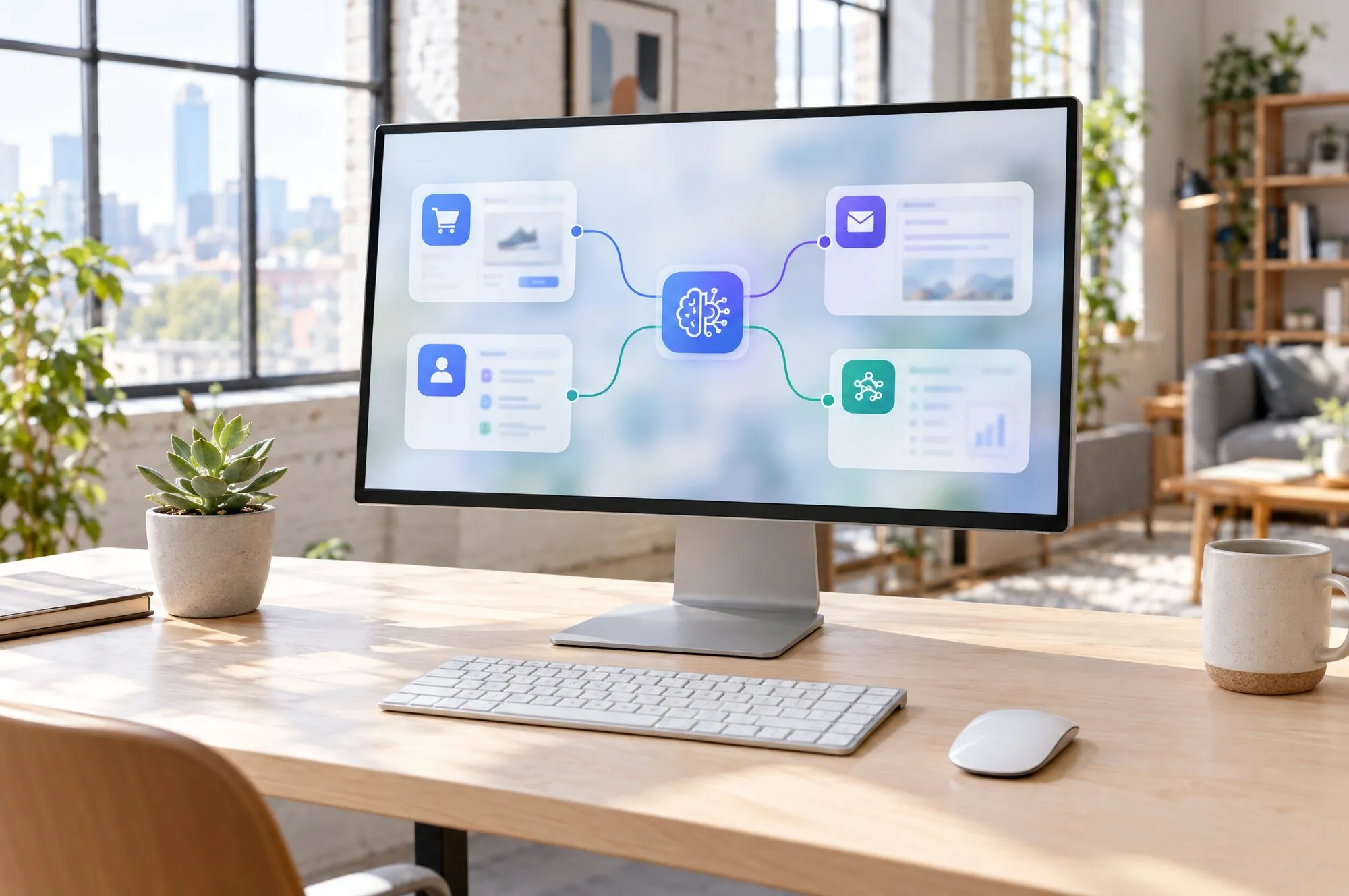 Flusso a nodi che collega shop, CRM, email e un modello AI
