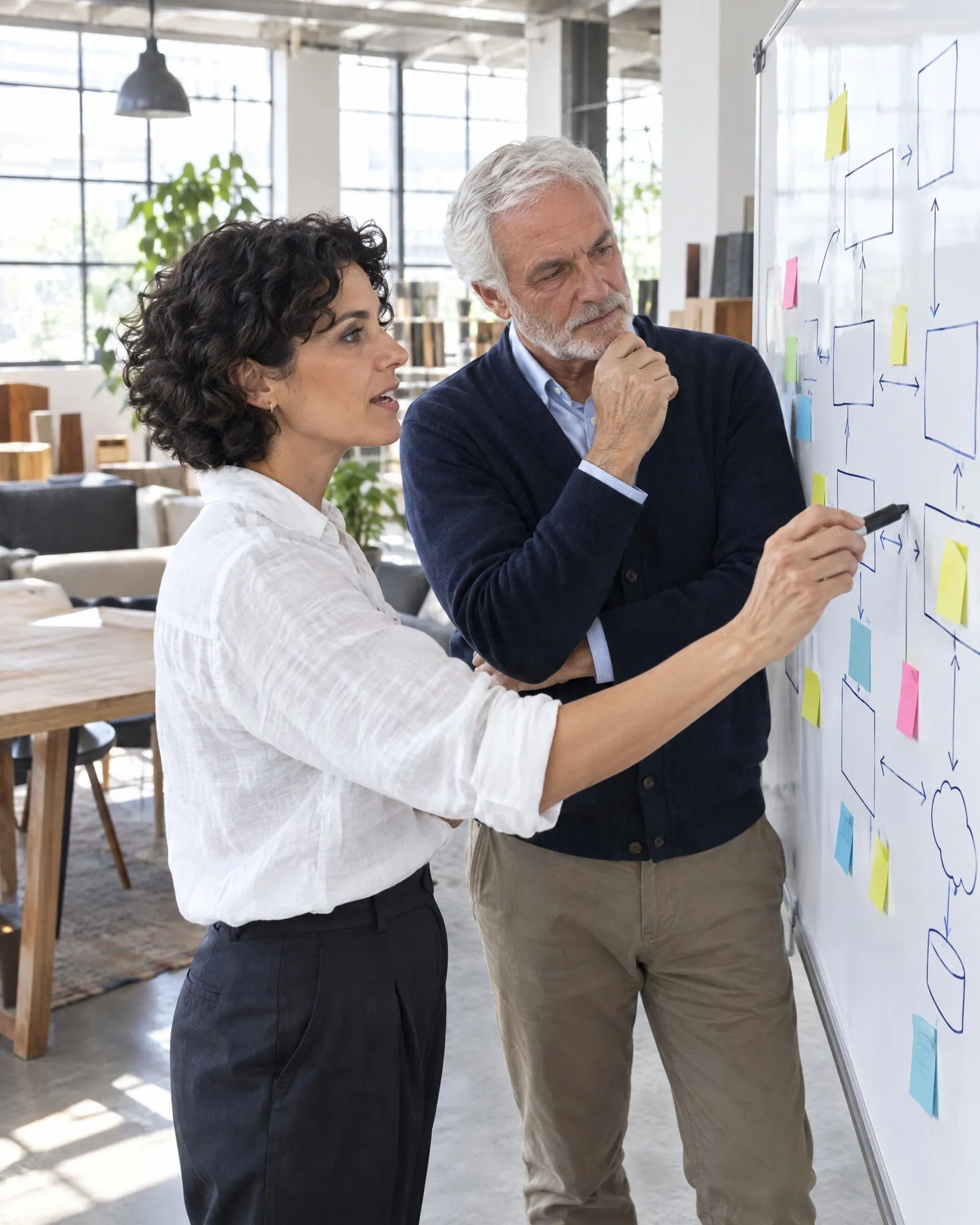 Lavagna con i sistemi dell'azienda collegati da frecce e post-it