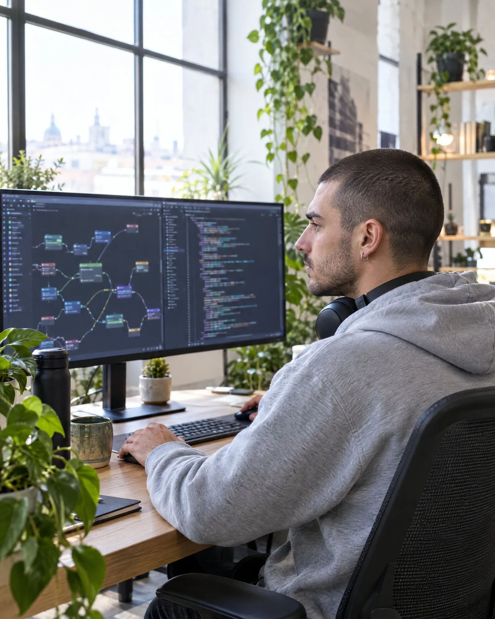 Editor di flussi a nodi accanto a un editor di codice, sullo stesso monitor