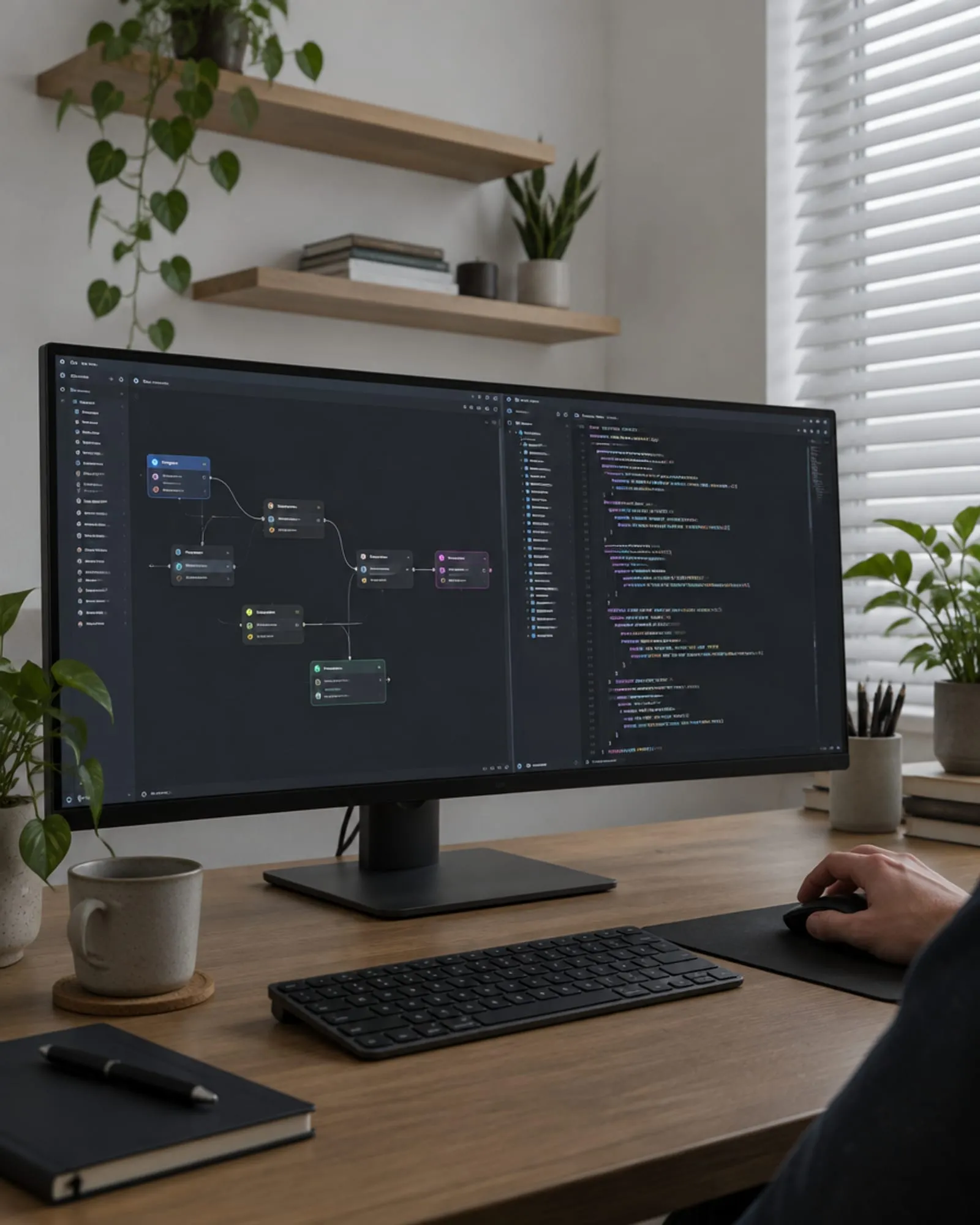 Editor di flussi a nodi accanto a un editor di codice, sullo stesso monitor