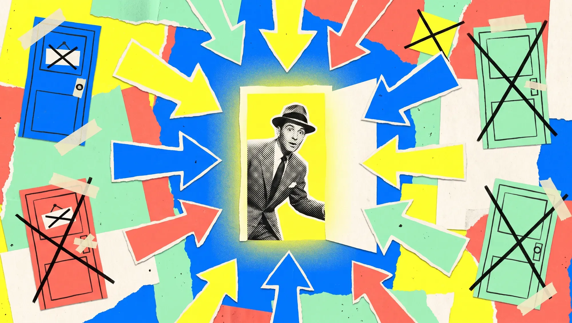 Collage di carta colorata: decine di frecce convergono su un'unica porta aperta e illuminata, da cui entra un uomo in giacca, mentre le altre porte sono chiuse e barrate