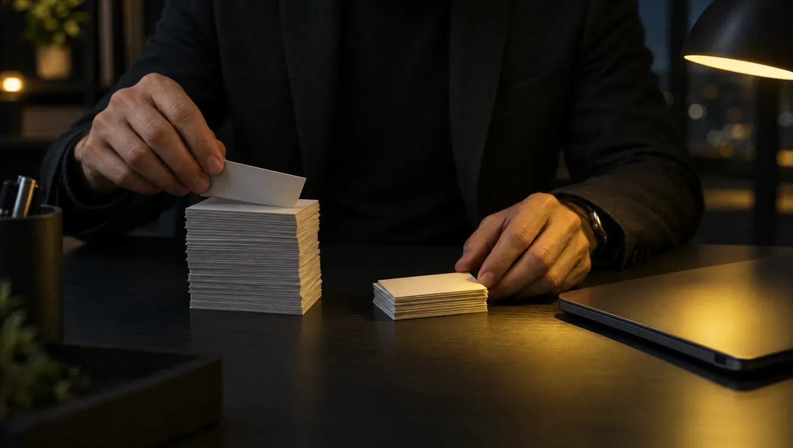 Mains d’un commercial qui séparent des fiches de contacts en deux piles sur le bureau : la plus basse, sous la lumière de la lampe, est celle des contacts à appeler
