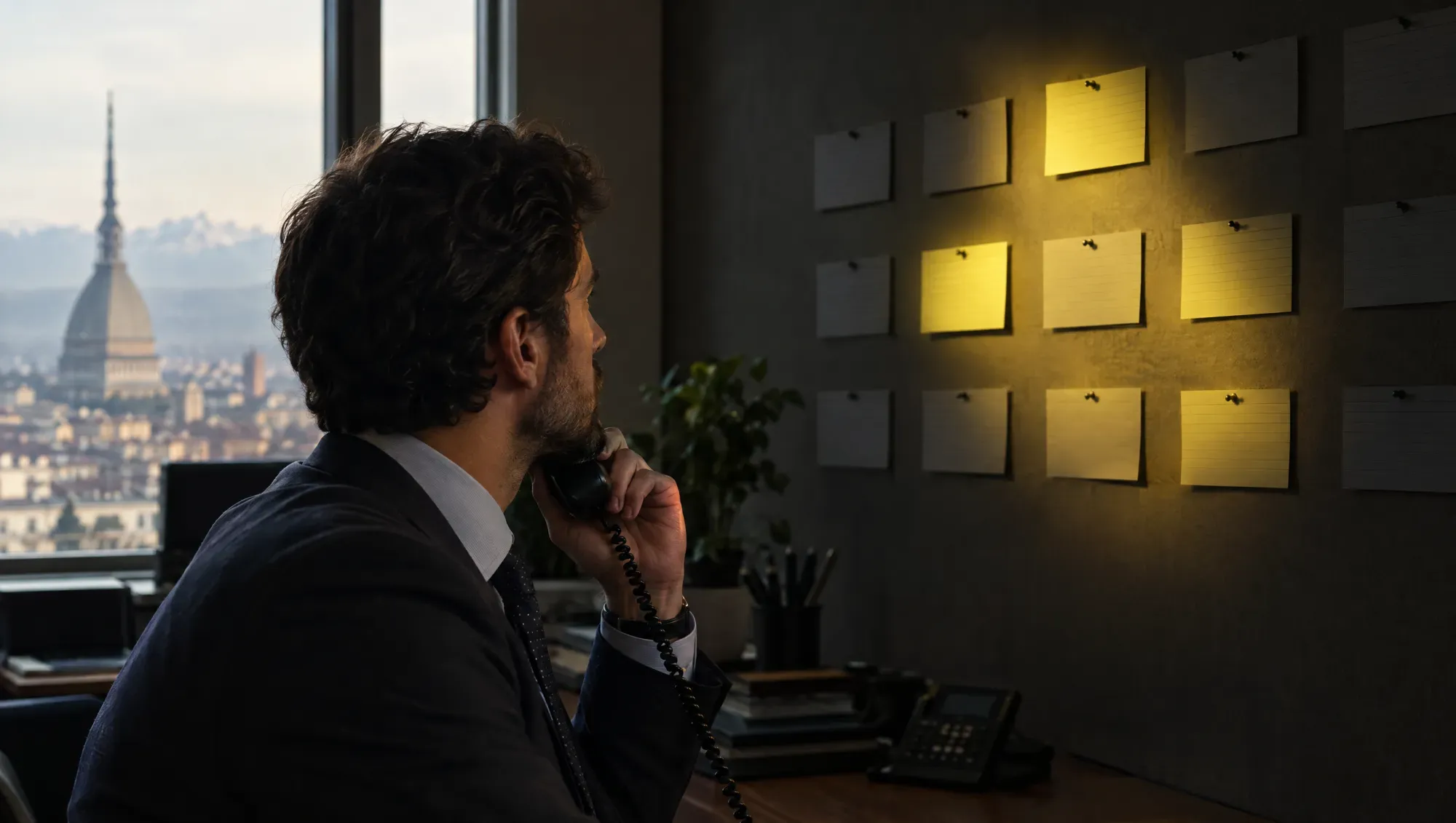 Un commerciale al telefono in un ufficio di Torino con vista sulla Mole guarda una parete di schede, solo alcune illuminate di giallo