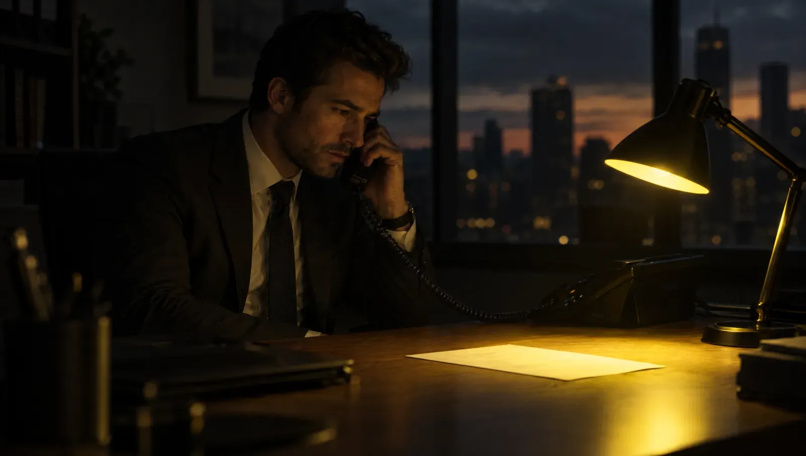 A salesman in an office in the evening answers the phone while a desk lamp lights a single sheet of paper that has just arrived