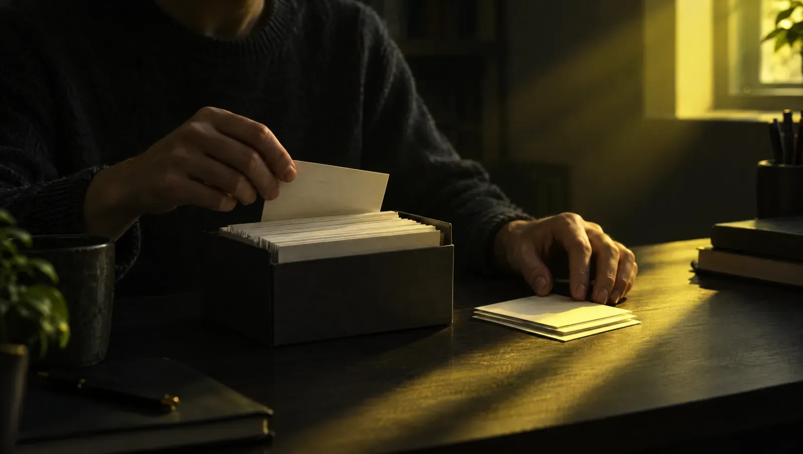 A person sitting at a tidy desk sorts through a box of index cards, setting some aside in the light from a window