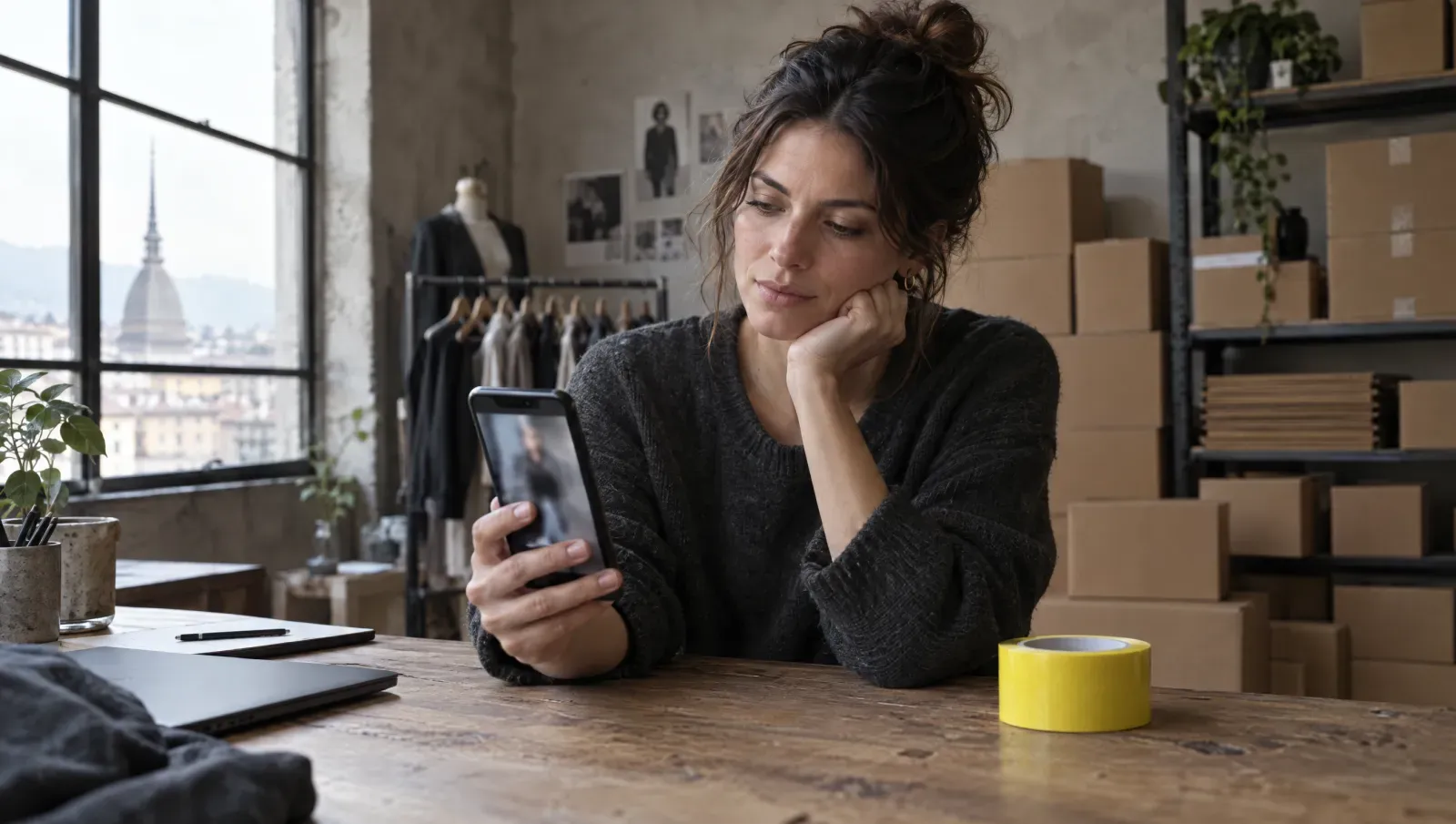 Una titolare di un piccolo e-commerce di abbigliamento guarda un video verticale sullo smartphone nel suo laboratorio, tra scatoloni pronti per la spedizione e un rotolo di nastro giallo