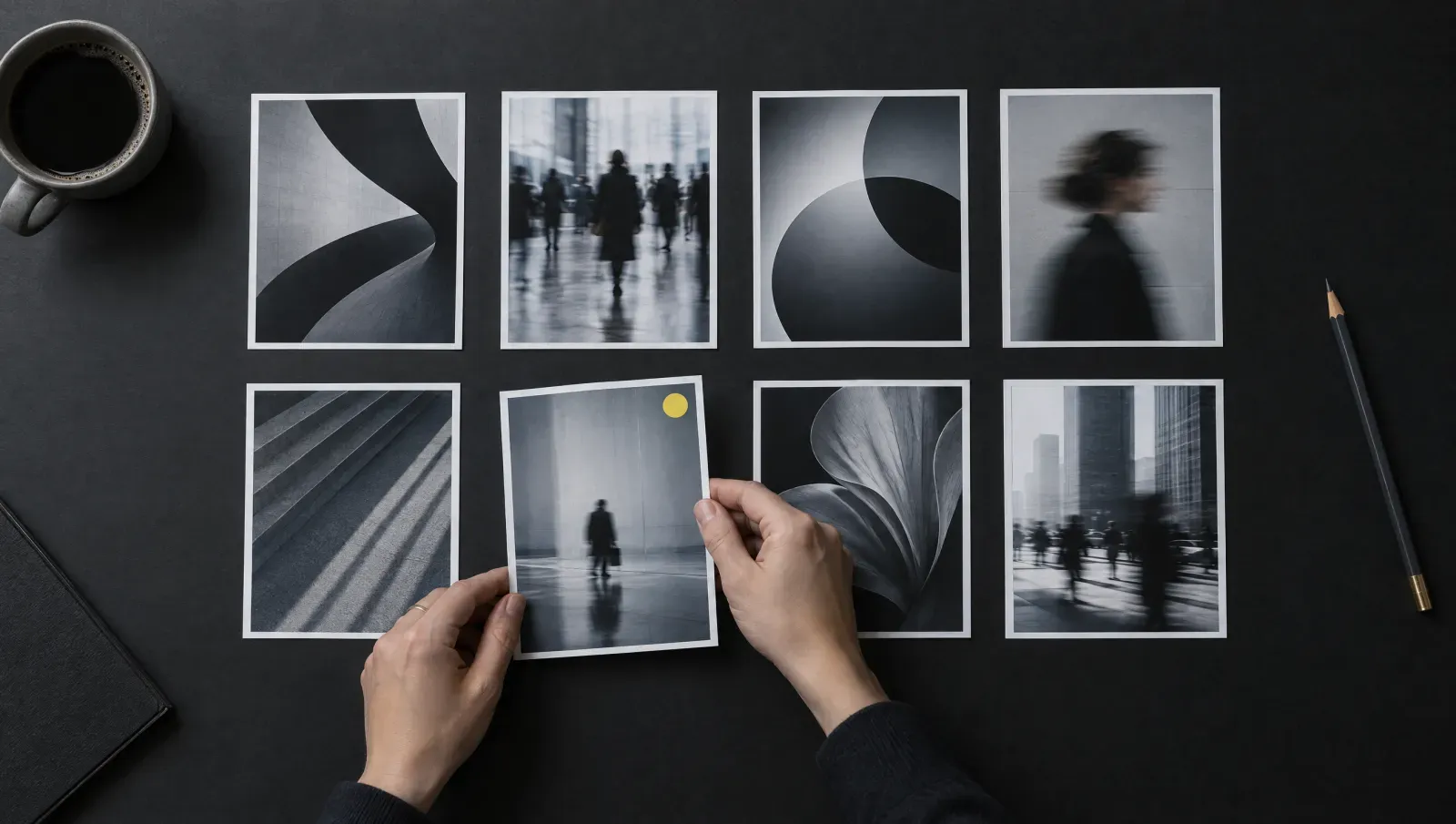 Deux mains avancent une photo imprimée marquée d’une pastille jaune, choisie parmi huit images disposées sur une table sombre