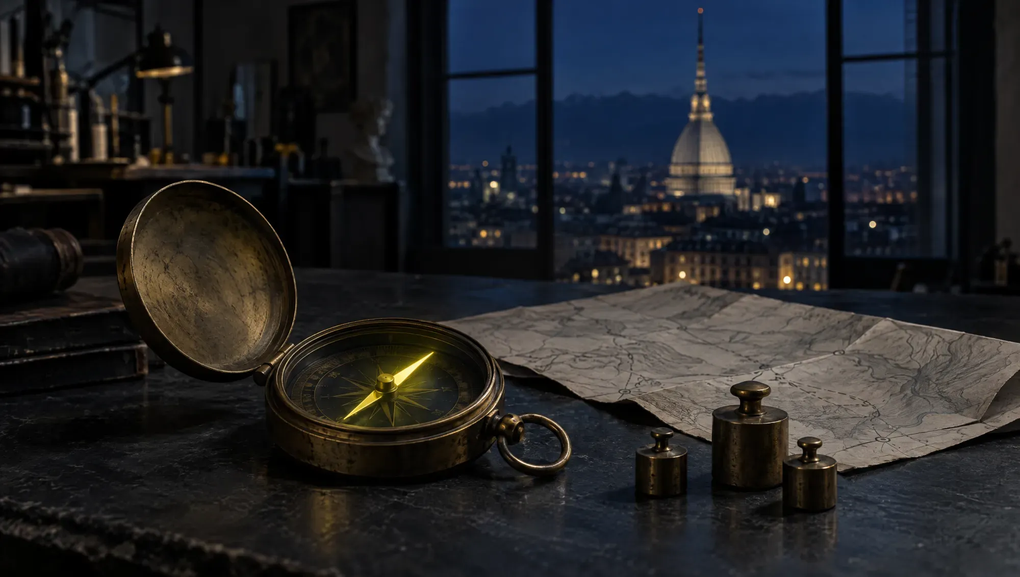 Una bussola d'ottone aperta su un banco scuro accanto a una mappa e a tre piccoli pesi, con l'ago illuminato di giallo e la Mole di notte dietro la finestra