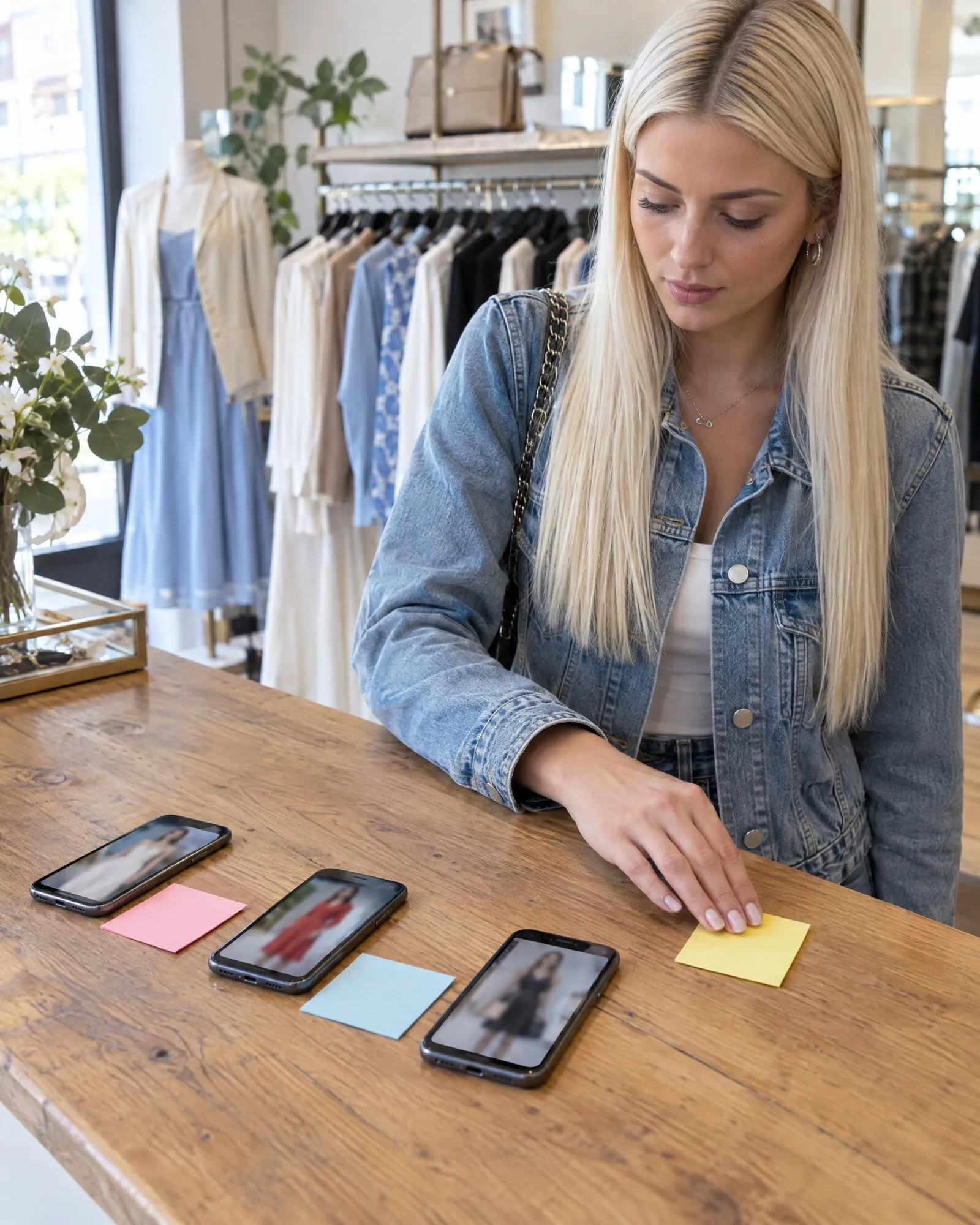 Tre telefoni con tre annunci diversi e i pubblici su post-it
