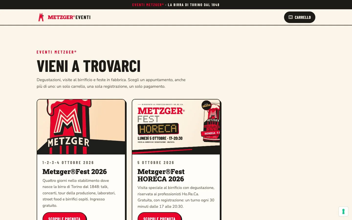 La pagina degli eventi Metzger con le prenotazioni