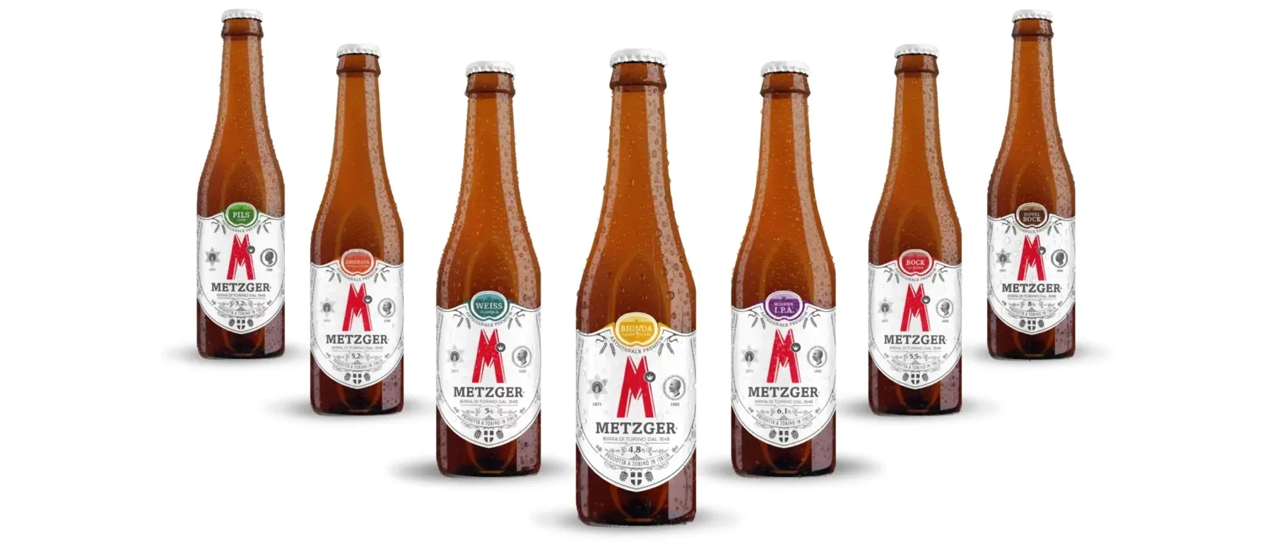 Le bottiglie delle birre Metzger 1848 in fila