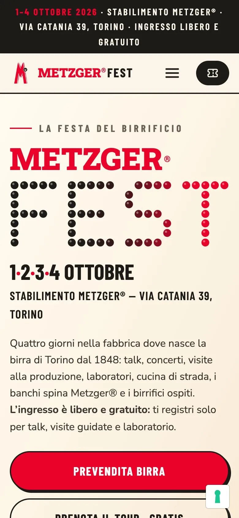 La landing del Metzger Fest vista da telefono
