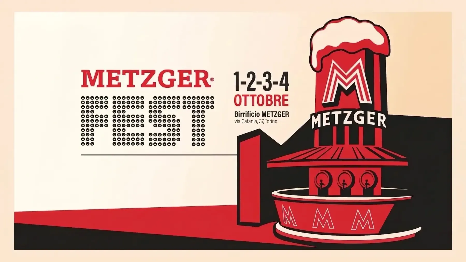 La grafica del Metzger Fest 2026: la torre Metzger con la birra e la scritta FEST a lampadine, 1-2-3-4 ottobre