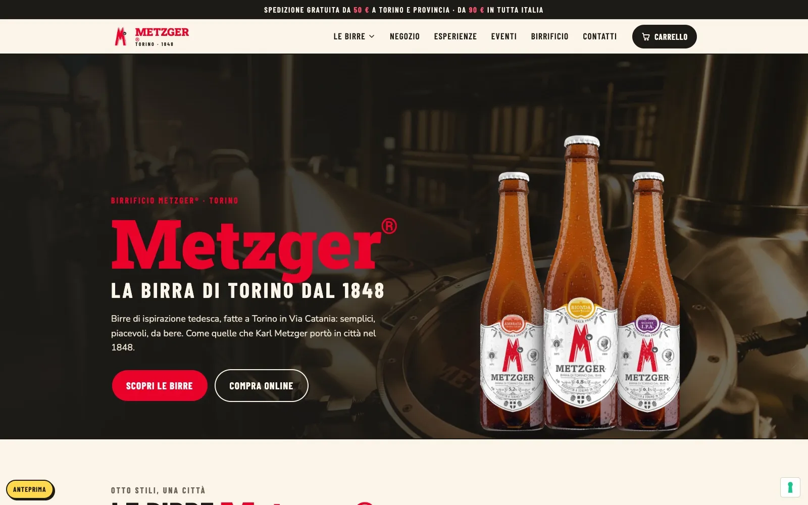 Home page del nuovo sito Metzger 1848: tre bottiglie davanti al tino di cottura