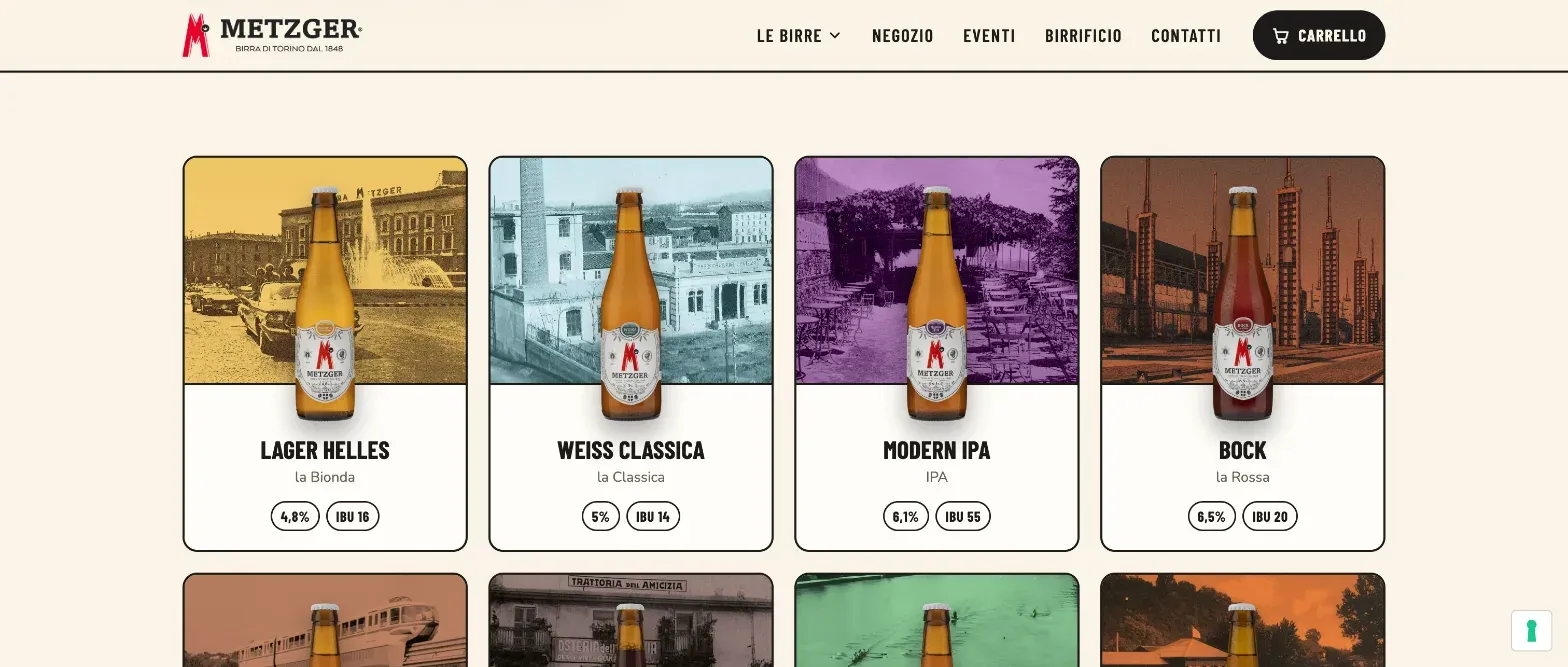 La pagina Le birre del sito Metzger: ogni birra davanti a una foto d'epoca di Torino colorata