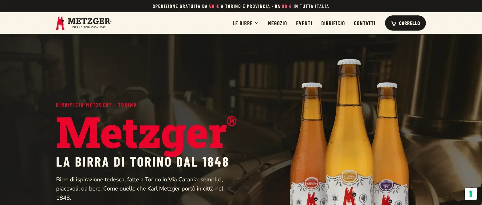 La home del nuovo sito Metzger: Metzger, la birra di Torino dal 1848, con tre bottiglie davanti alla sala cottura