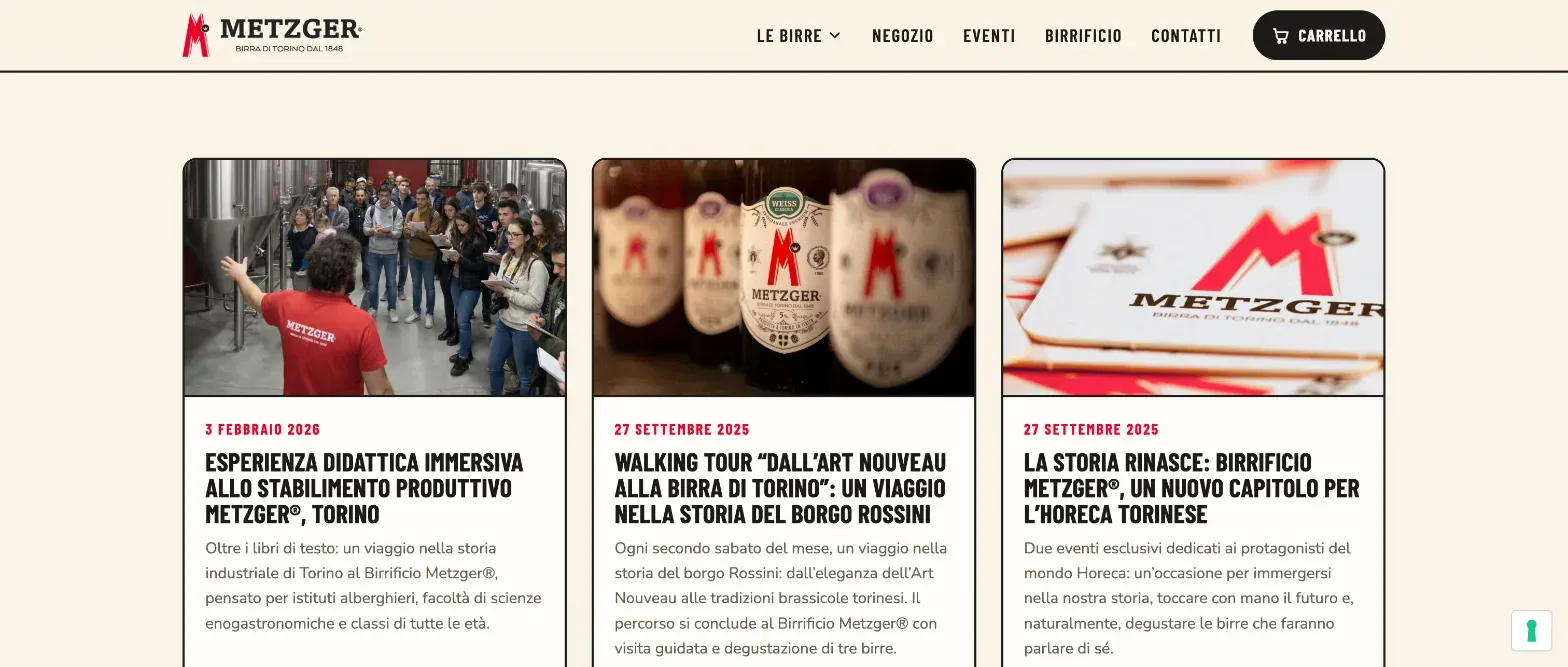 La sezione Notizie dal birrificio del sito Metzger, con gli articoli del blog
