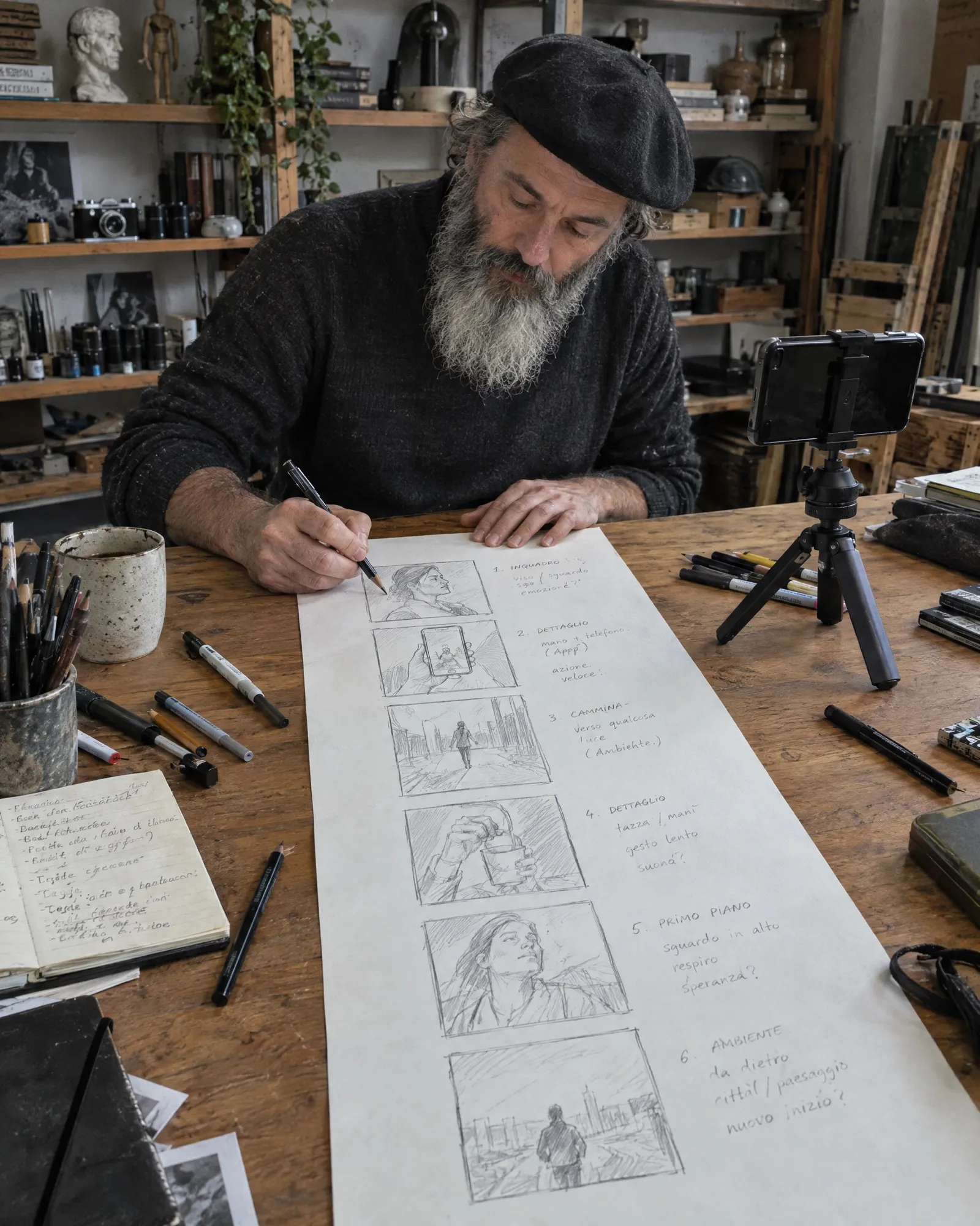 Storyboard di un annuncio verticale disegnato su carta