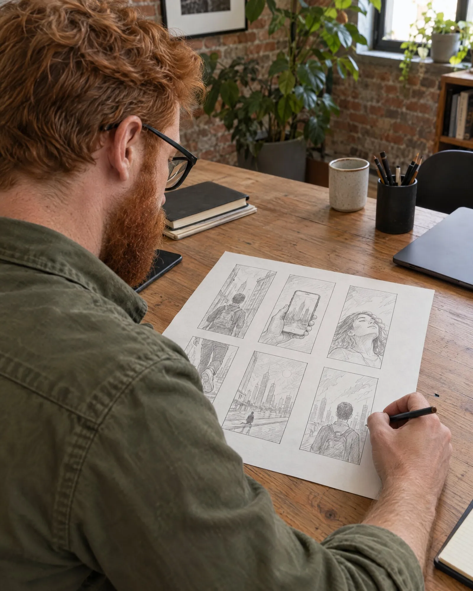 Storyboard di un annuncio verticale disegnato su carta