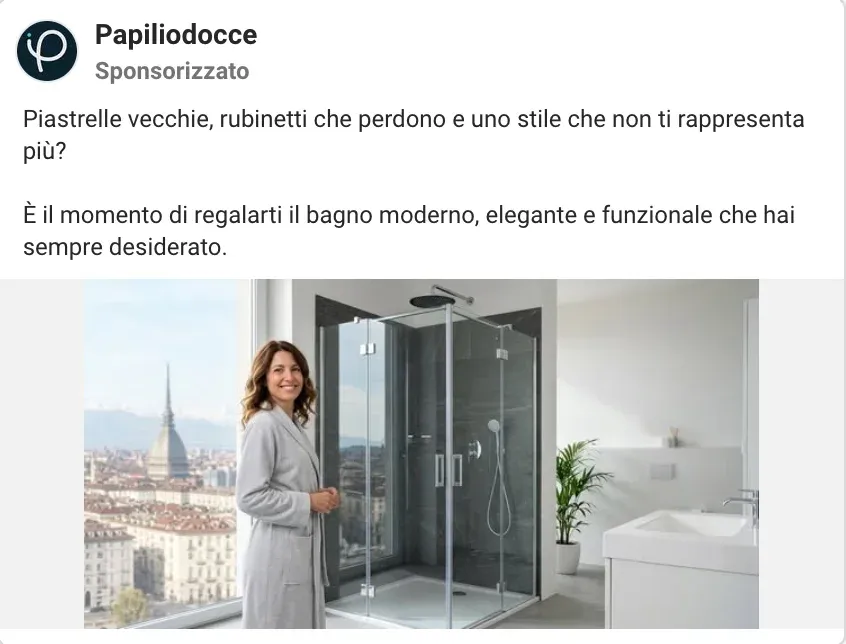 Inserzione di Papilio: una signora davanti al nuovo box doccia, con la Mole Antonelliana alla finestra