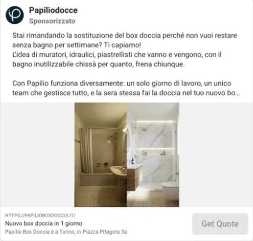Inserzione di Papilio: un nuovo box doccia in un giorno, il prima e il dopo del bagno