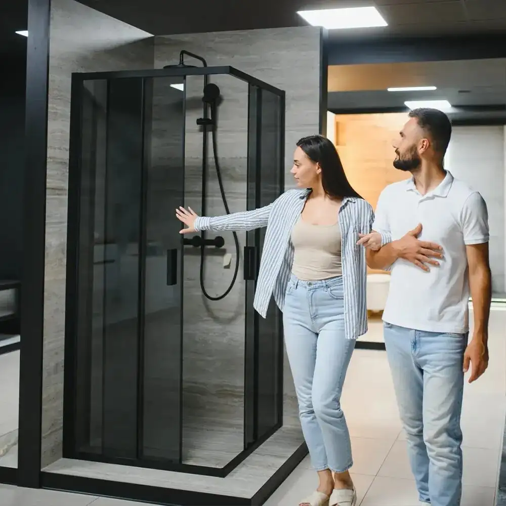 Coppia che sceglie un box doccia nello showroom Papilio