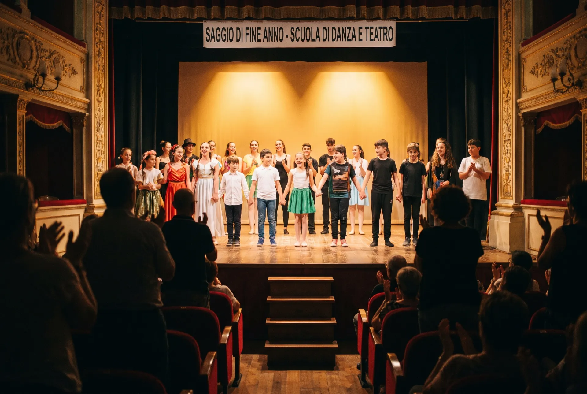 Gli allievi di una scuola di danza e teatro salutano dal palco alla fine del saggio, tra gli applausi del pubblico