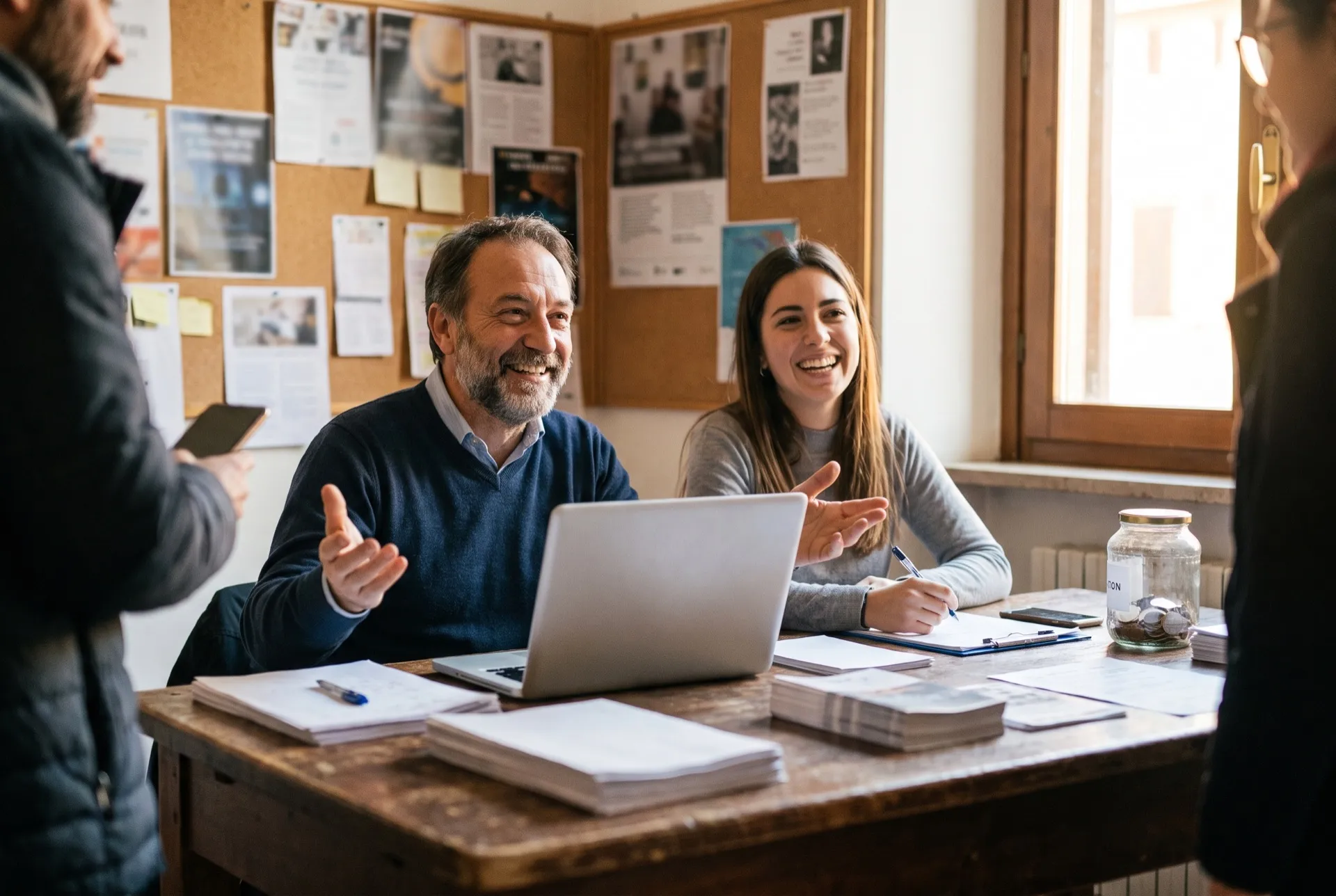 Due volontari sorridenti al tavolo della segreteria di un’associazione, con il portatile e le iscrizioni
