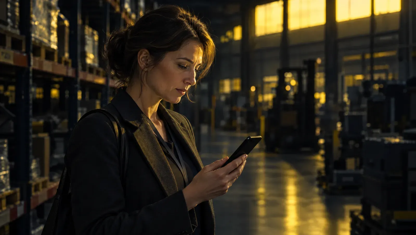 A purchasing manager reads on her smartphone in an aisle of an industrial warehouse, with shelving and machinery blurred behind her and warm light from high windows