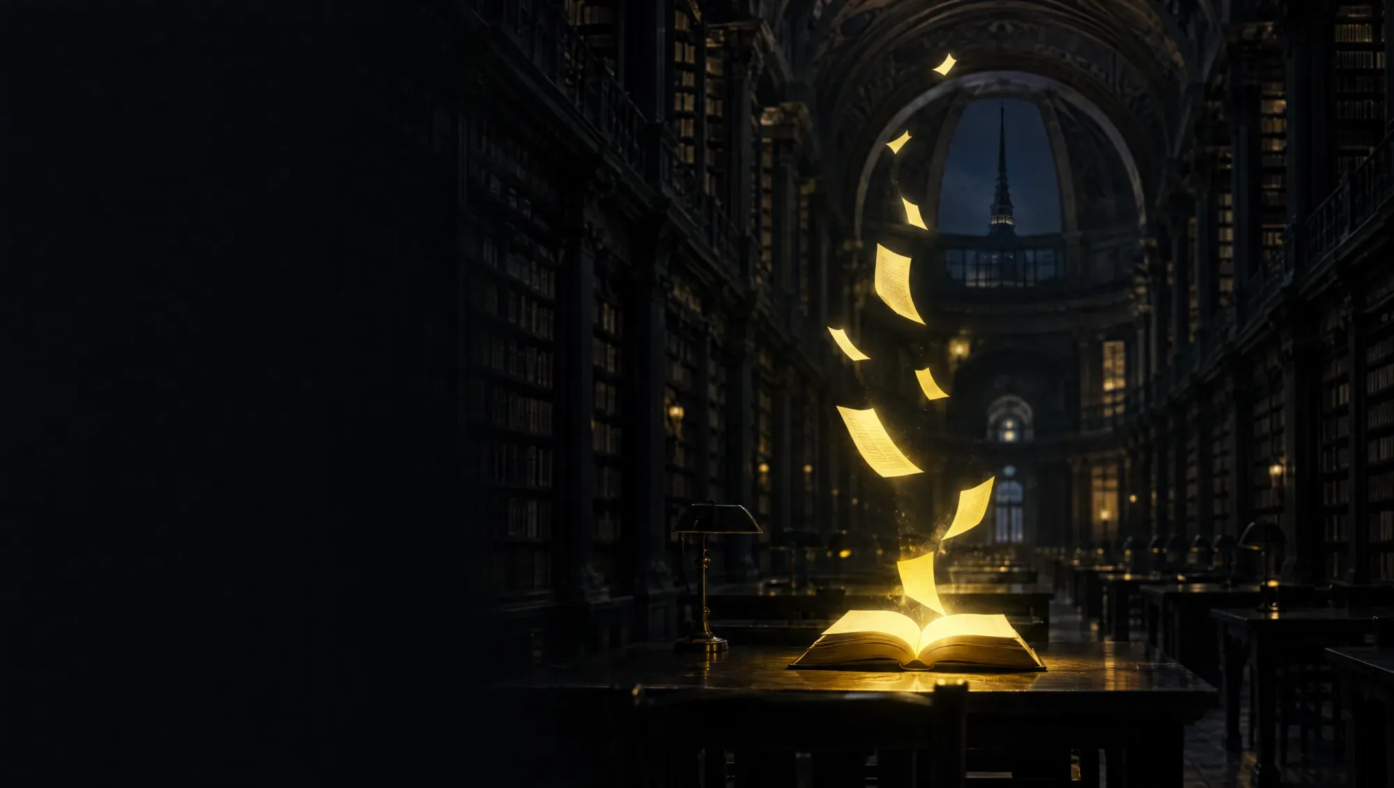A large library in the dark: glowing yellow pages rise from an open book on a table towards the vaulted ceiling, like sources picked out by an answer