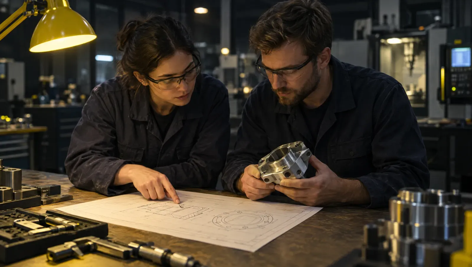 Two engineers of different nationalities compare a mechanical drawing and a metal component on a workbench in a production area, under a work lamp