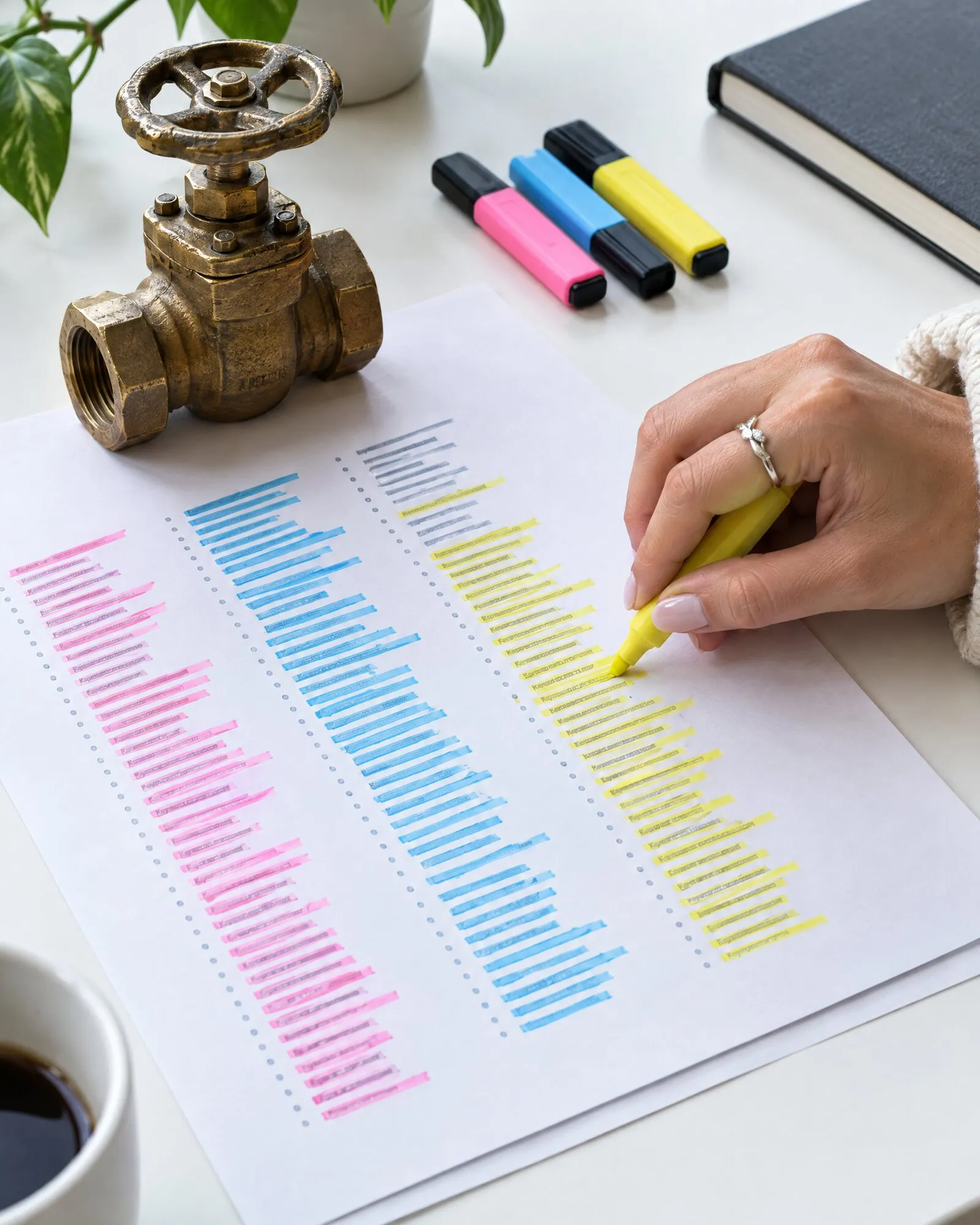 Parole chiave raggruppate per colore e stampate con l'evidenziatore
