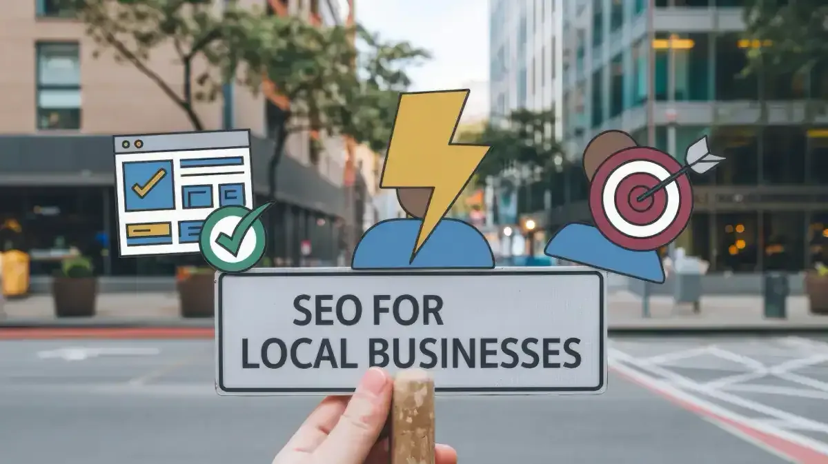 Mano che regge un cartello SEO for local businesses in una strada di città, con icone di sito, fulmine e bersaglio