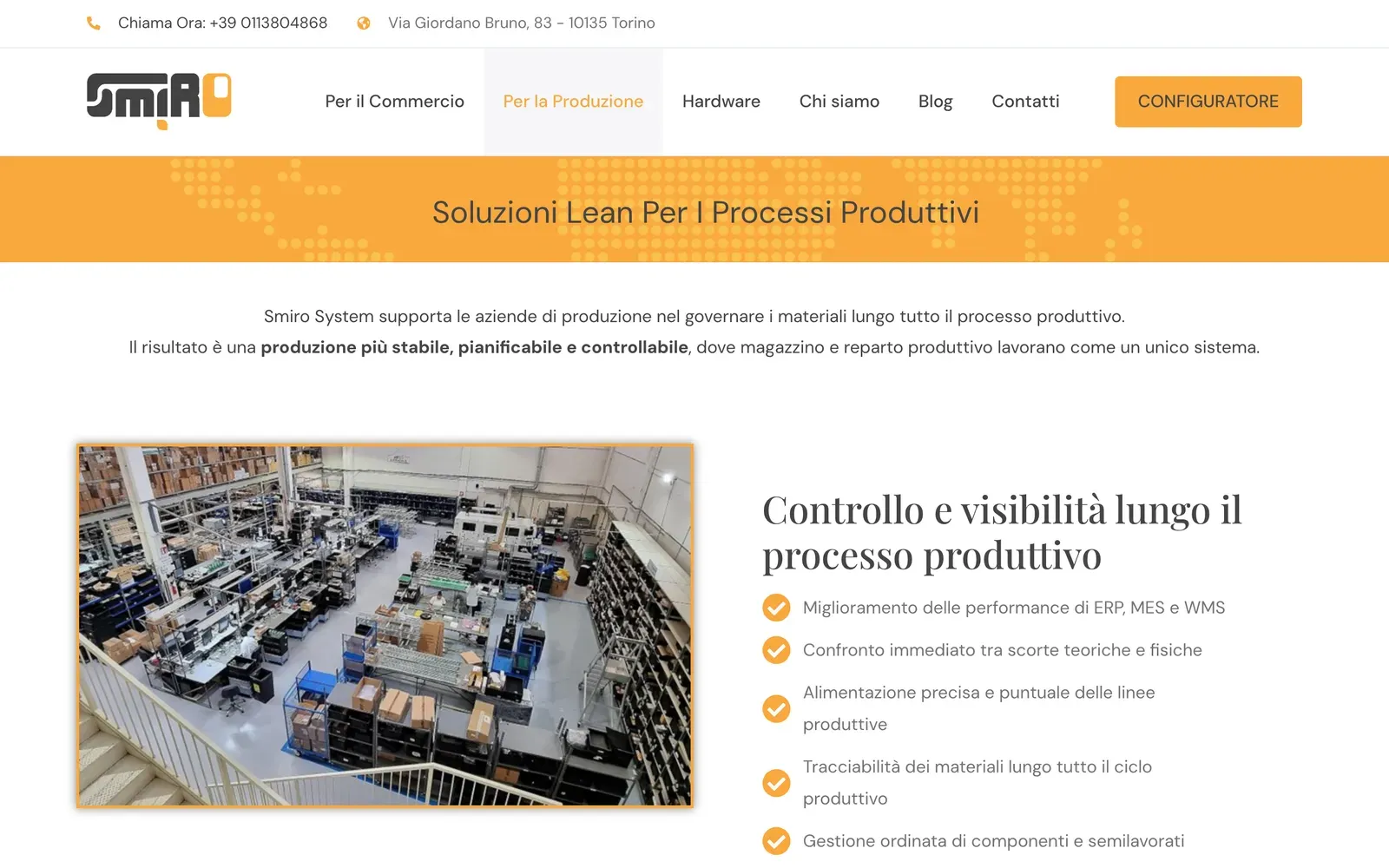 La pagina Smiro per la Produzione