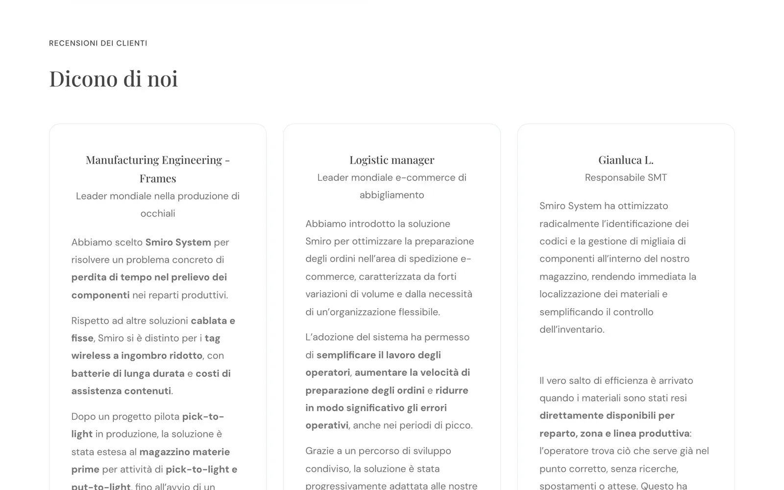 Le recensioni di tre clienti di Smiro System in home