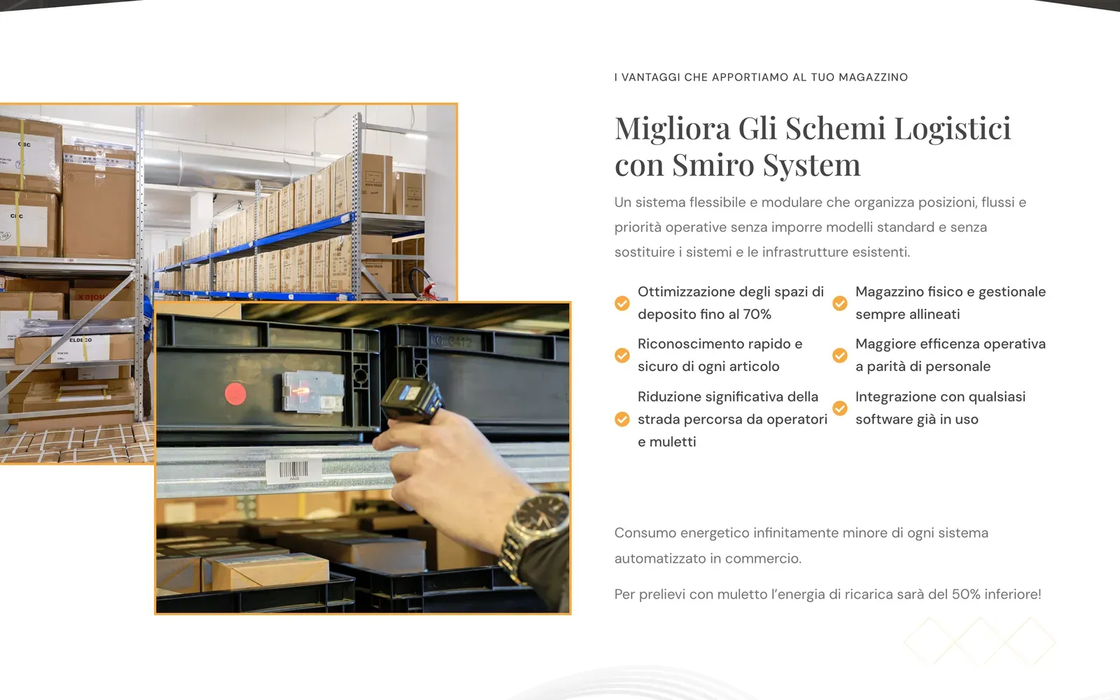 I vantaggi di Smiro System per il magazzino, con la foto di un tag luminoso sullo scaffale