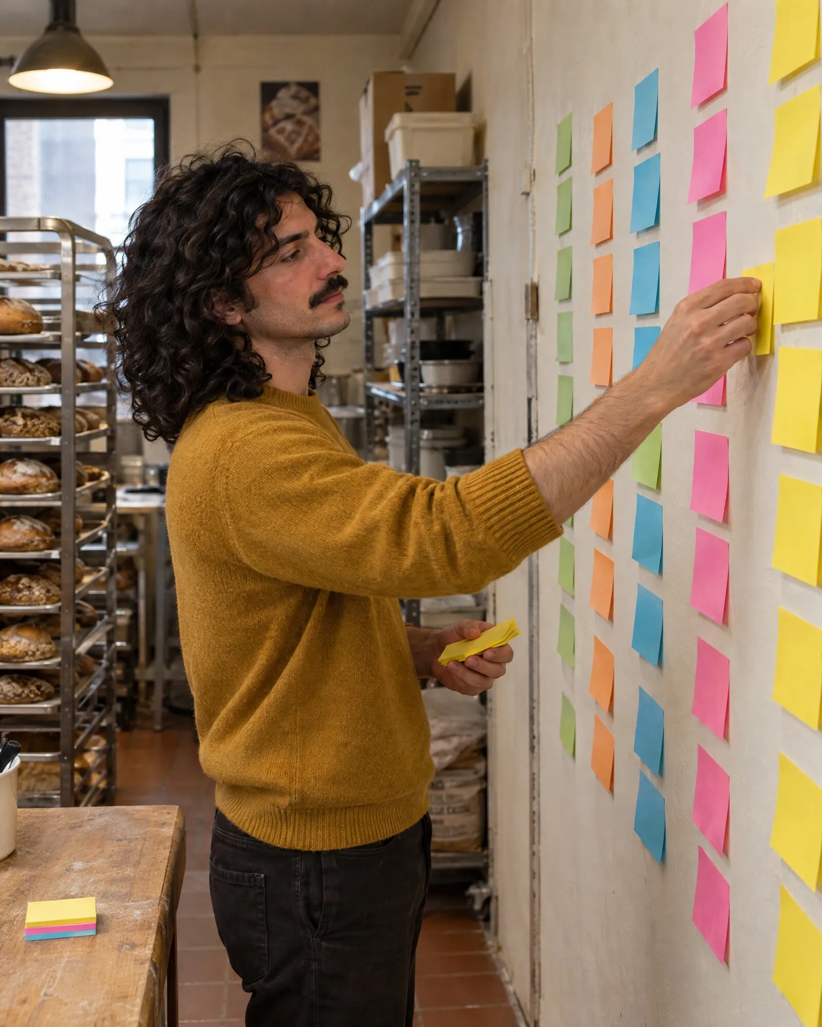Temi del piano editoriale in colonne di post-it