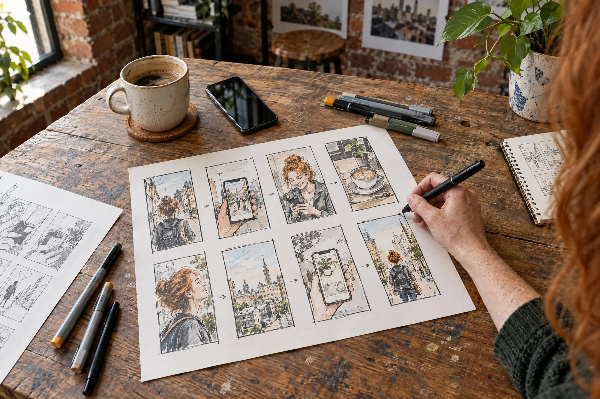 Storyboard di uno spot verticale, riquadri disegnati a mano