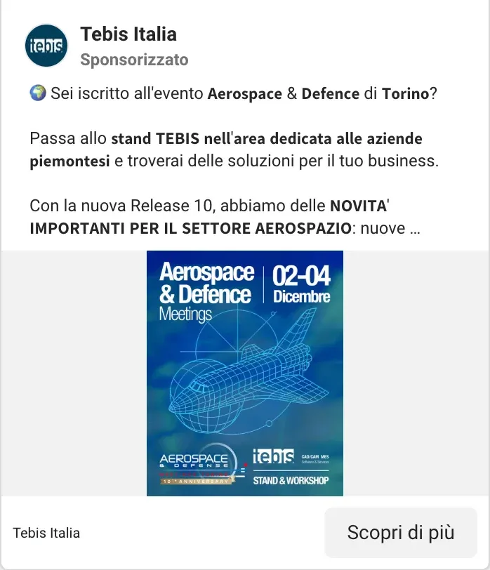 Inserzione Facebook di Tebis Italia per Aerospace & Defence Meetings a Torino
