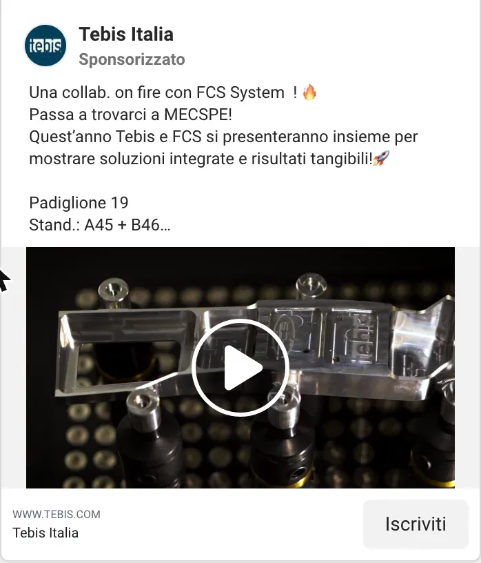 Inserzione Facebook di Tebis Italia: un pezzo lavorato in alluminio per la collaborazione con FCS System
